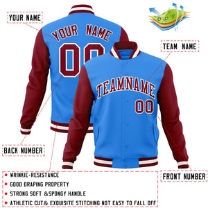 Custom Powder Blue Crimson-White Raglan Sleeves Varsity Full-Snap Letterman Jacket