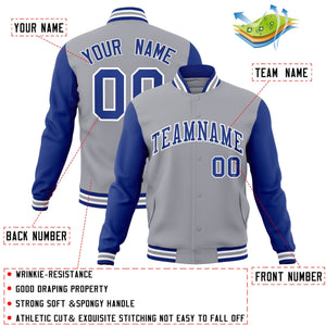 Veste Letterman Varsity Full-Snap à manches raglan gris royal-blanc personnalisée