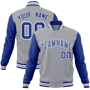 Custom Gray Royal-White Raglan Sleeves Varsity Full-Snap Letterman Jacket