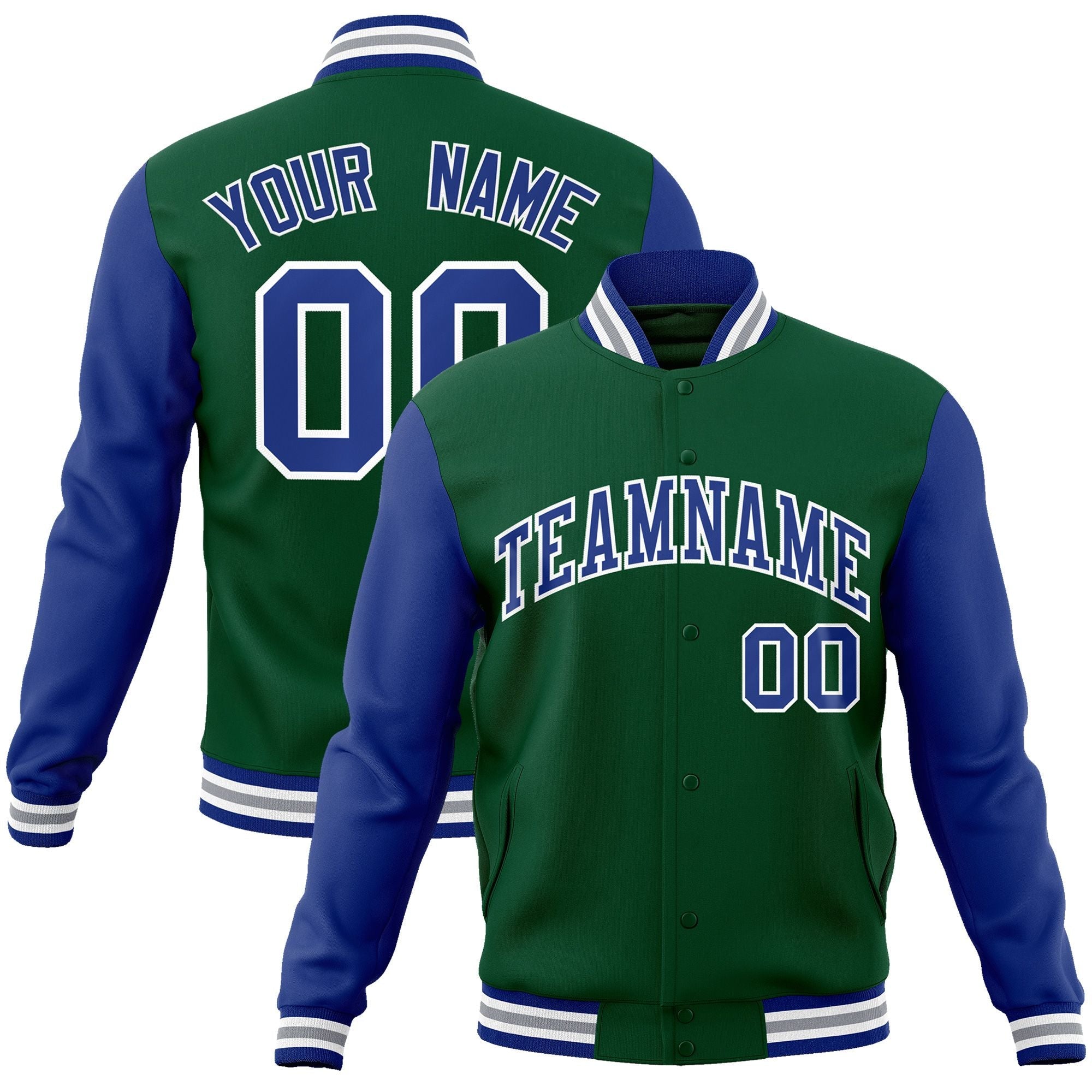 Custom Green Royal-White Raglan Sleeves Varsity Full-Snap Letterman Jacket