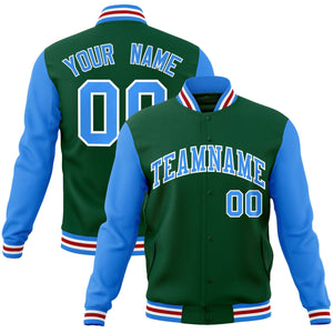 Custom Green Powder Blue-White Raglan Sleeves Varsity Full-Snap Letterman Jacket