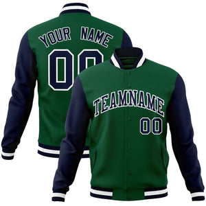 Custom Green Navy-White Raglan Sleeves Varsity Full-Snap Letterman Jacket