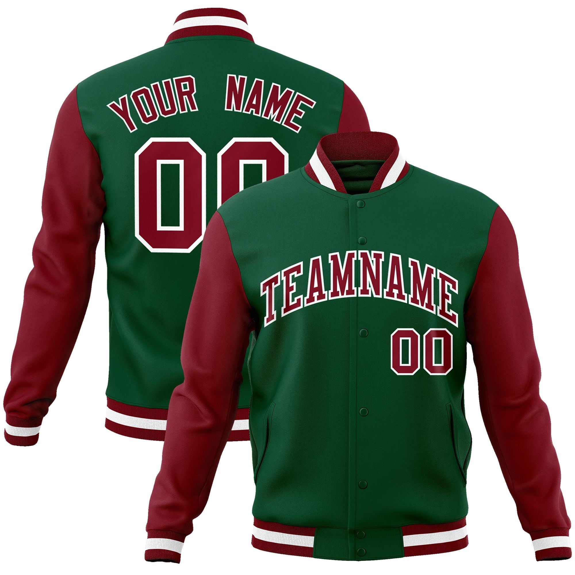 Custom Green Crimson-White Raglan Sleeves Varsity Full-Snap Letterman Jacket