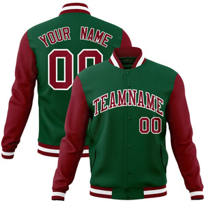 Custom Green Crimson-White Raglan Sleeves Varsity Full-Snap Letterman Jacket