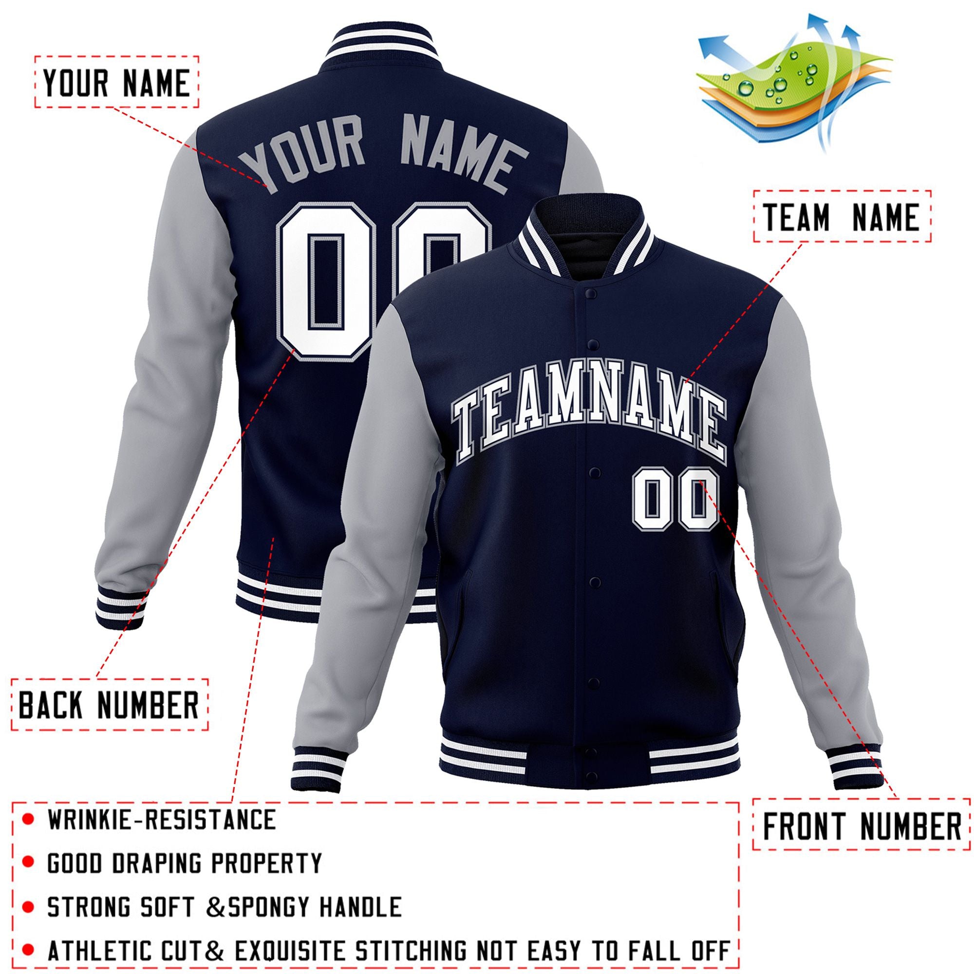 Veste Letterman universitaire à manches raglan blanc-marine personnalisée