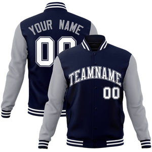 Custom Navy White-Navy Raglan Sleeves Varsity Full-Snap Letterman Jacket