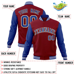 Veste Letterman Varsity Full-Snap Custom Crimson Royal-Khaki à manches raglan