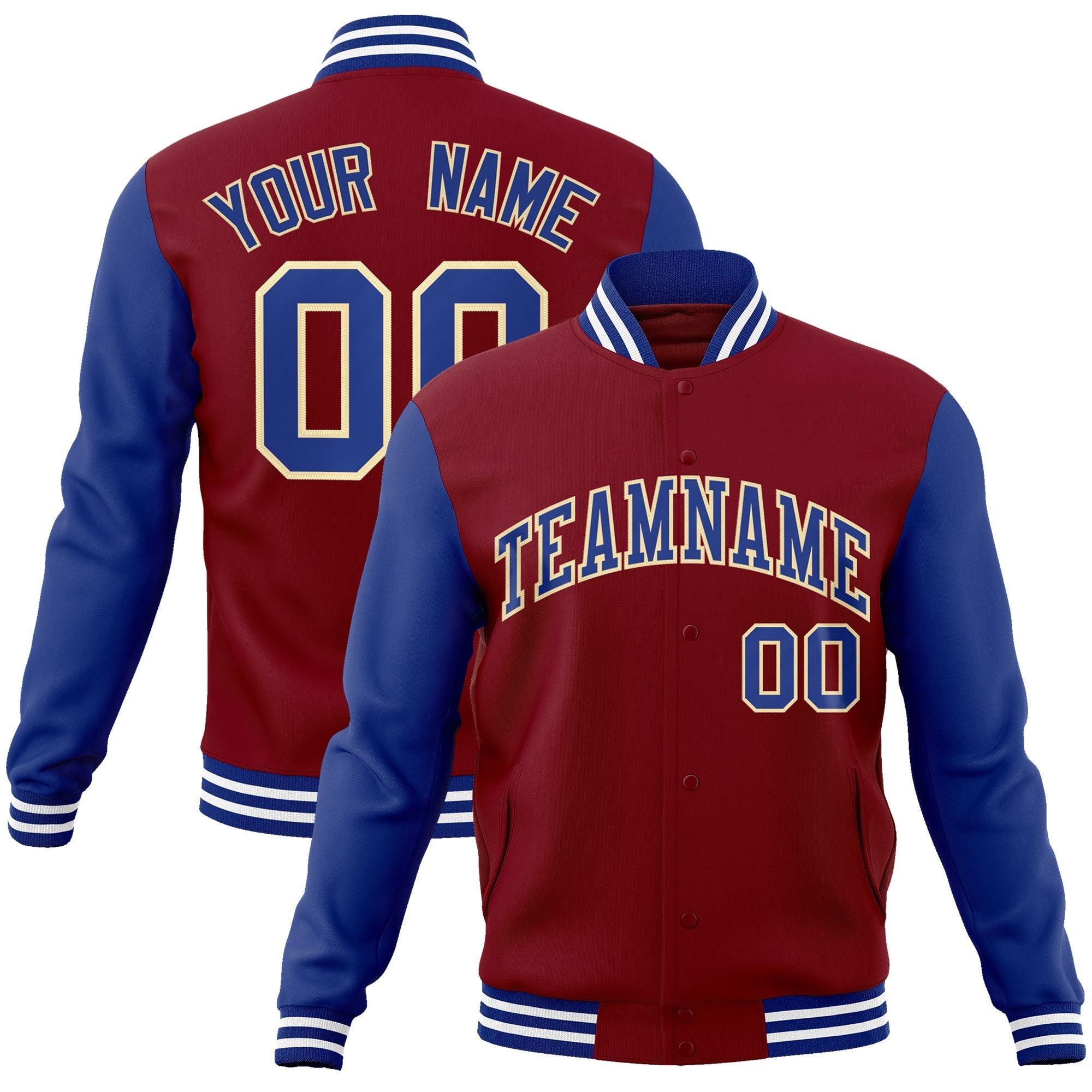 Custom Crimson Royal-Khaki Raglan Sleeves Varsity Full-Snap Letterman Jacket