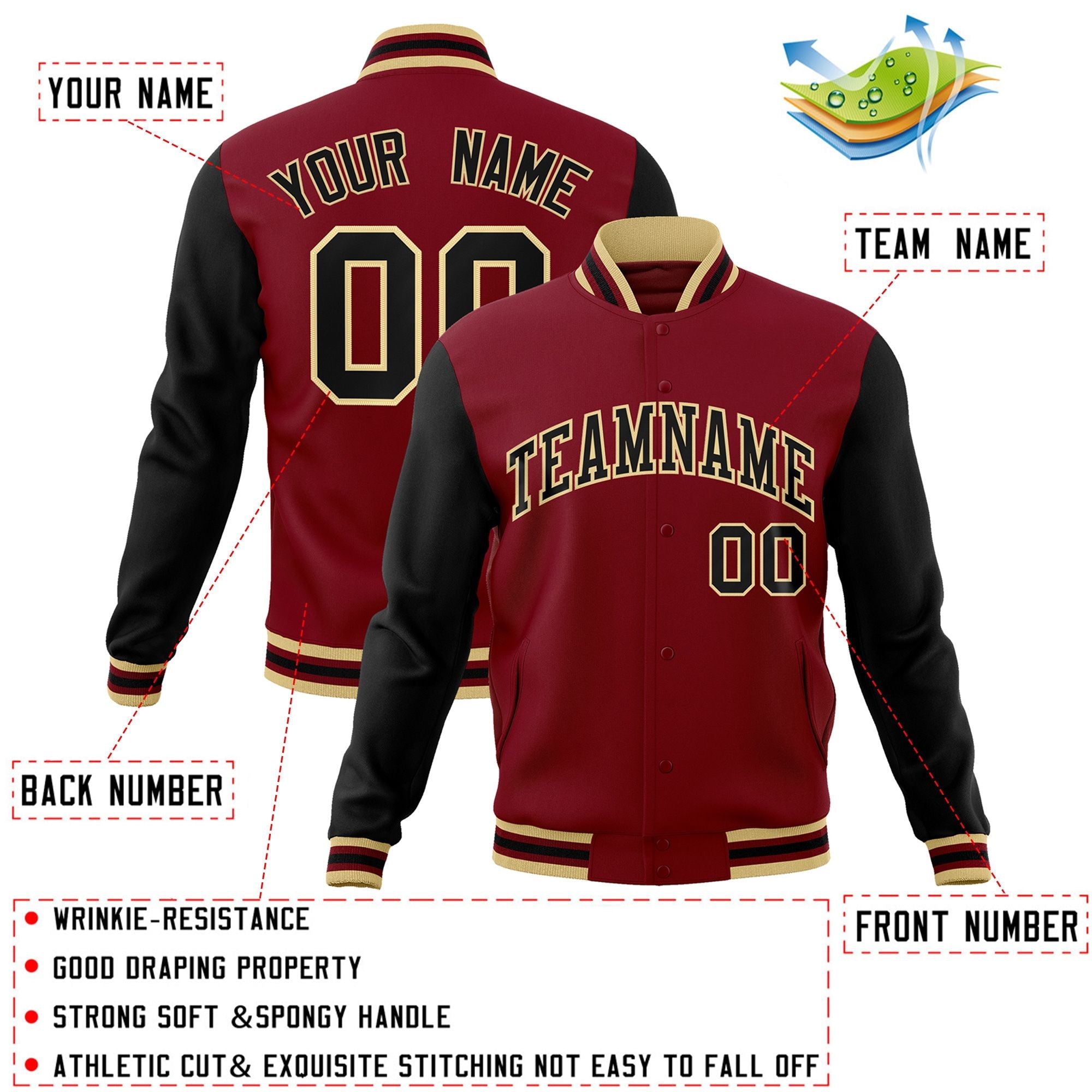 Veste Letterman Varsity Full-Snap Custom Crimson Noir-Kaki à manches raglan