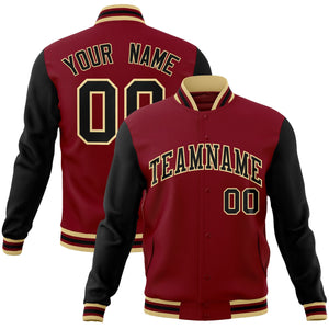 Custom Crimson Black-Khaki Raglan Sleeves Varsity Full-Snap Letterman Jacket