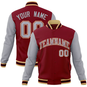 Custom Crimson Gray-Crimson Raglan Sleeves Varsity Full-Snap Letterman Jacket