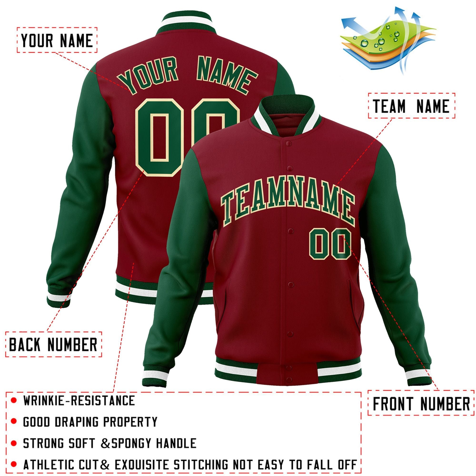 Veste Letterman universitaire à manches raglan vert cramoisi-kaki personnalisée