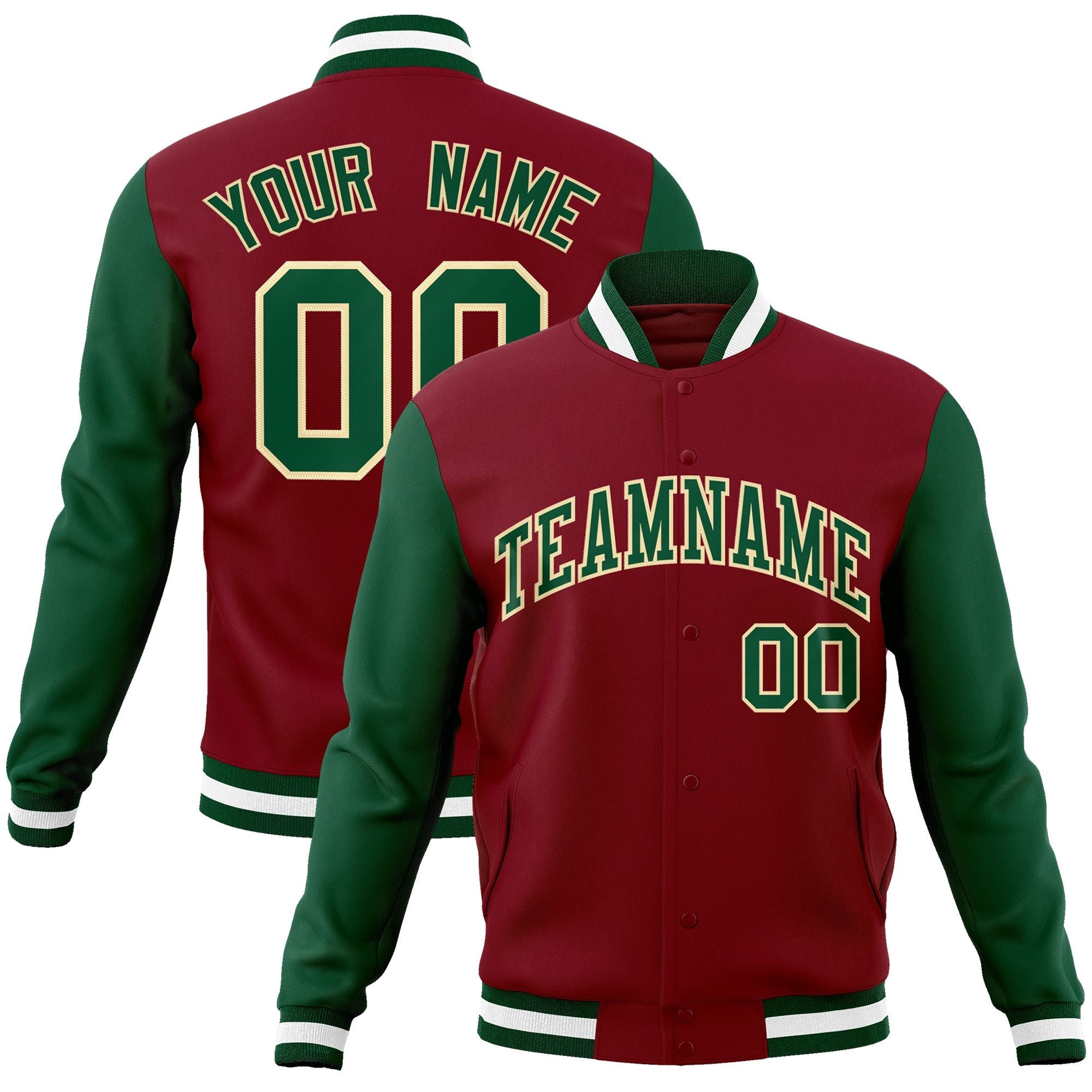 Custom Crimson Green-Khaki Raglan Sleeves Varsity Full-Snap Letterman Jacket