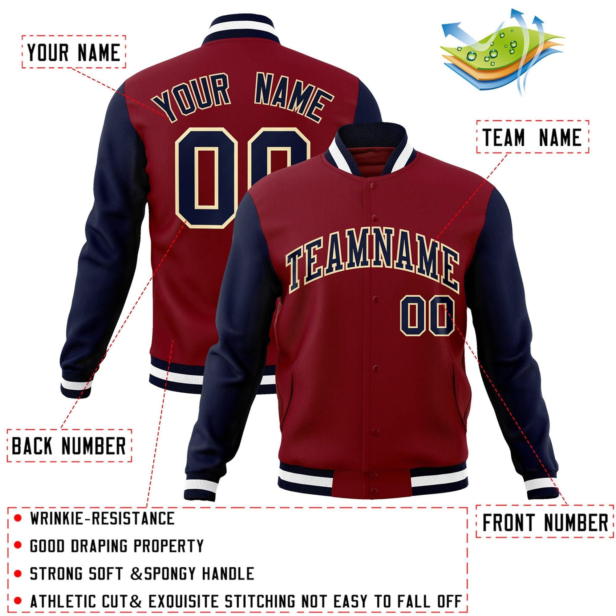 Veste Letterman Varsity Full-Snap Custom Crimson Navy-Kaki à manches raglan