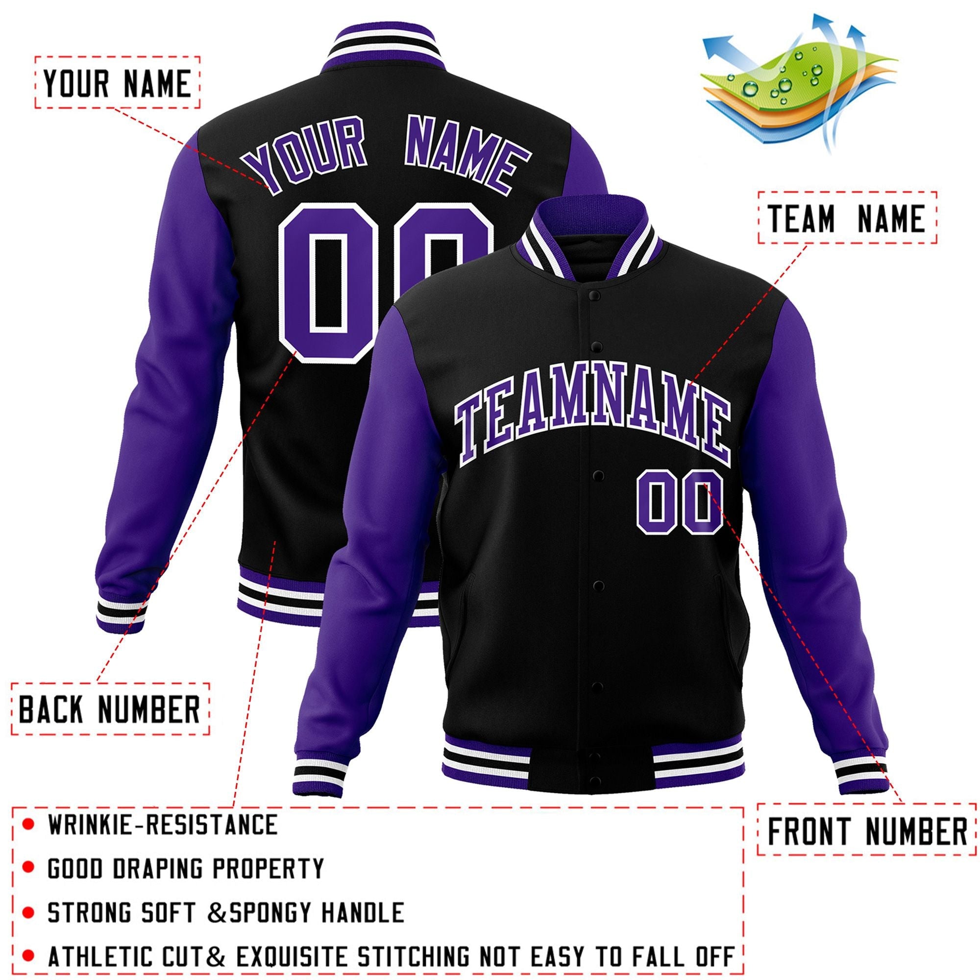 Veste Letterman Varsity Full-Snap à manches raglan personnalisées noir violet-blanc