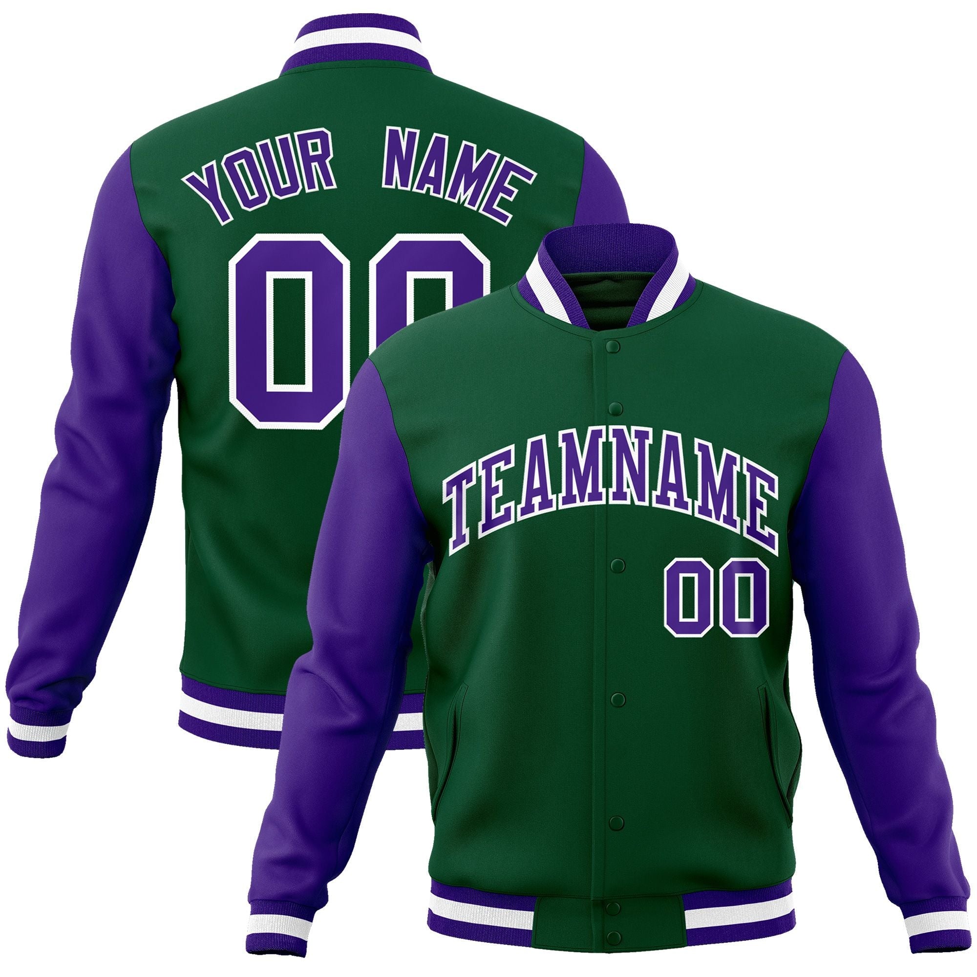 Custom Green Purple-White Raglan Sleeves Varsity Full-Snap Letterman Jacket