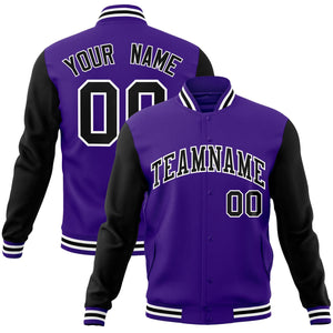 Custom Purple Black-White Raglan Sleeves Varsity Full-Snap Letterman Jacket