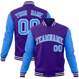 Custom Purple Powder Blue-White Raglan Sleeves Varsity Full-Snap Letterman Jacket