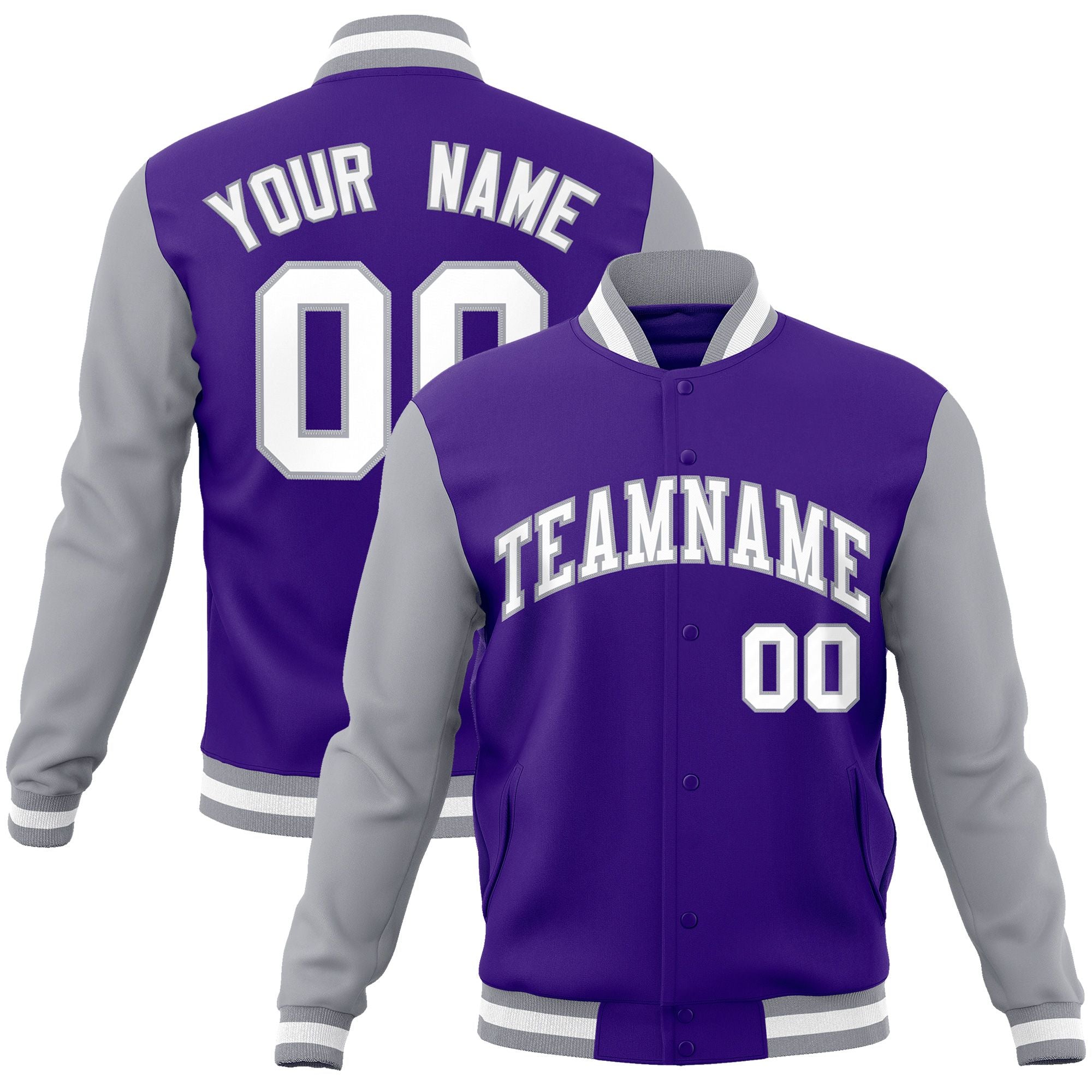 Custom Purple White-Gray Raglan Sleeves Varsity Full-Snap Letterman Jacket