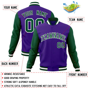 Veste Letterman Varsity Full-Snap à manches raglan personnalisées violet vert-blanc