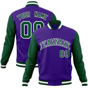 Custom Purple Green-White Raglan Sleeves Varsity Full-Snap Letterman Jacket