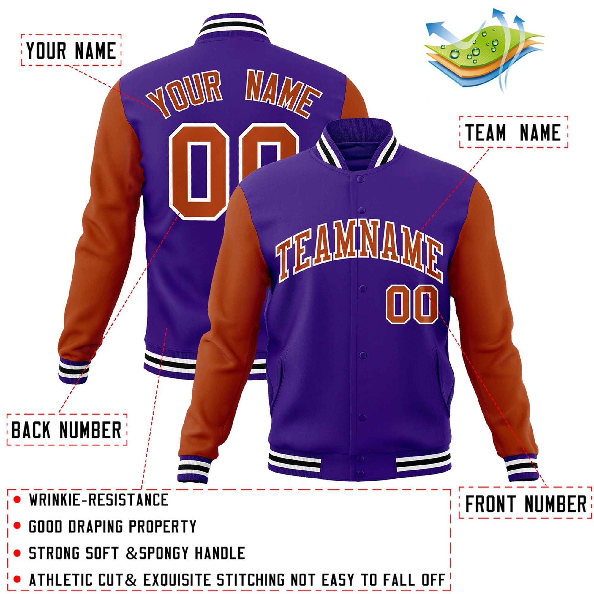 Custom Purple Texas Orange-White Raglan Sleeves Varsity Full-Snap Letterman Jacket