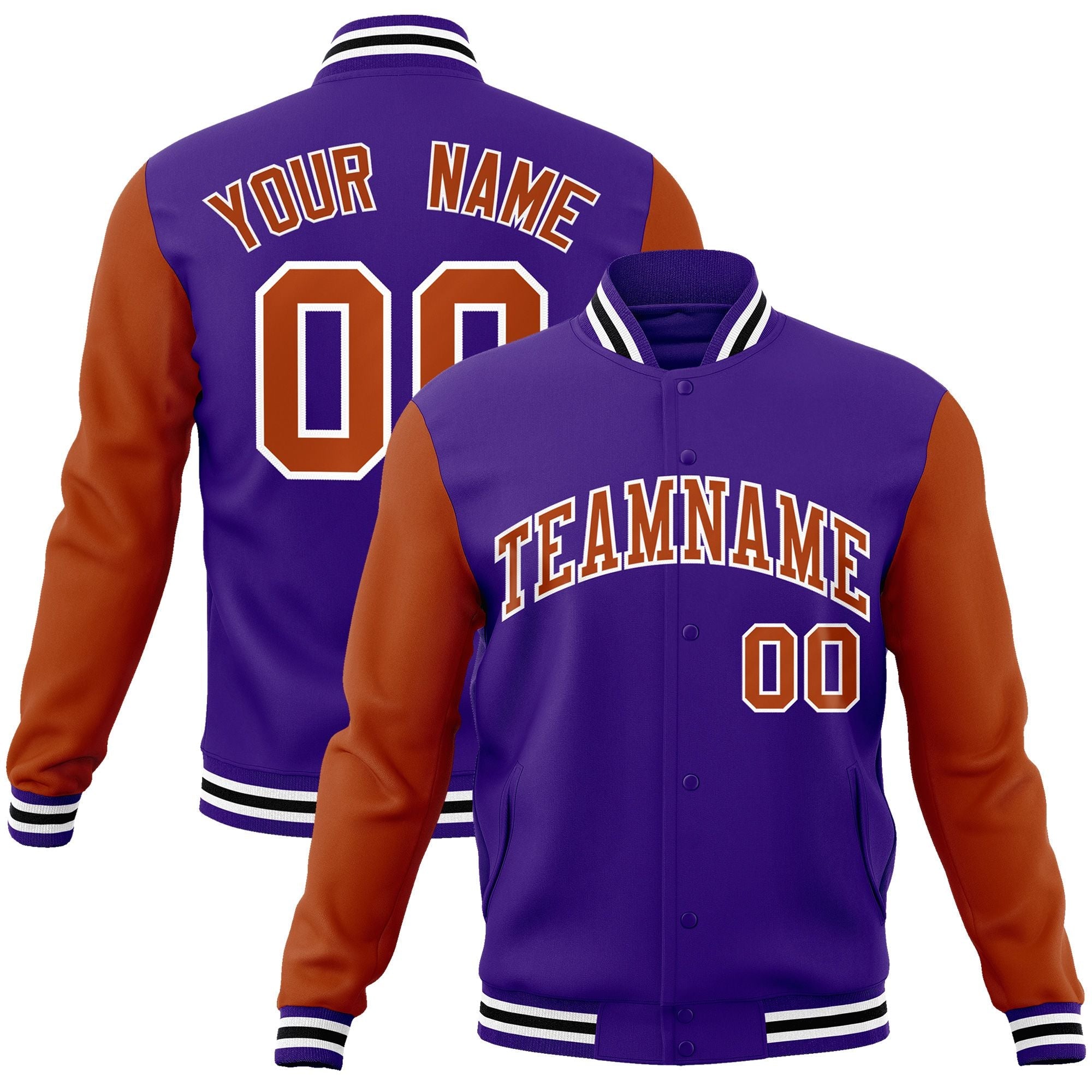 Custom Purple Texas Orange-White Raglan Sleeves Varsity Full-Snap Letterman Jacket