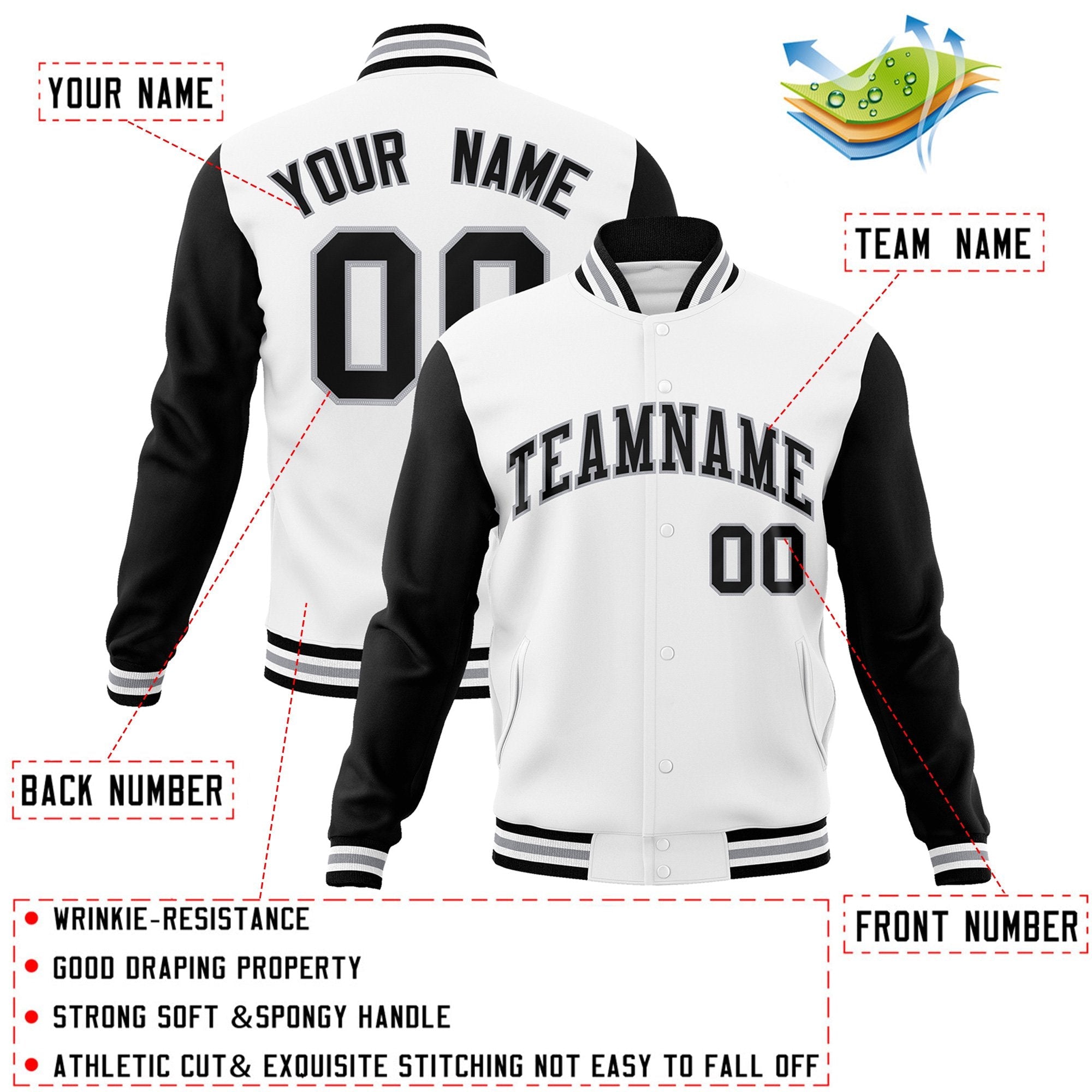 Veste Letterman Varsity Full-Snap personnalisée à manches raglan blanc noir-gris