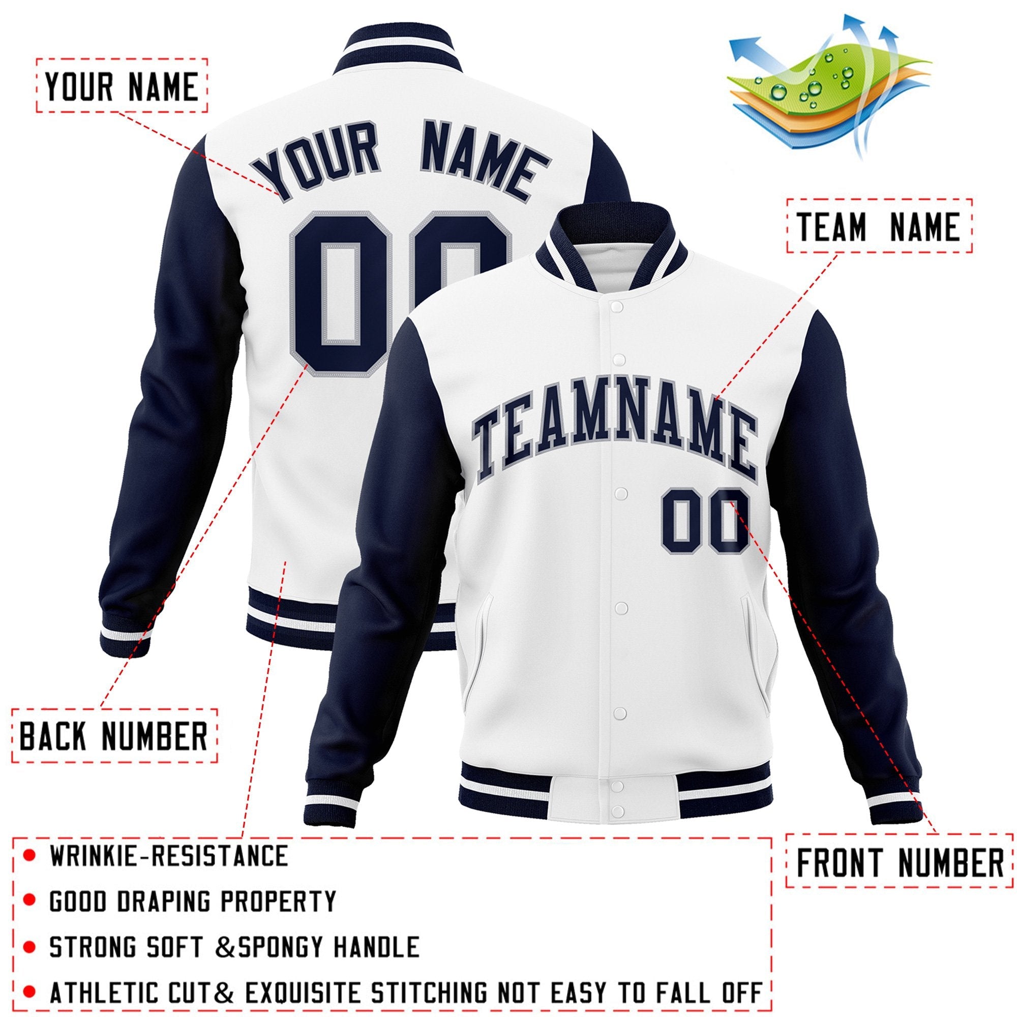 Veste Letterman Varsity Full-Snap personnalisée à manches raglan blanc-gris marine