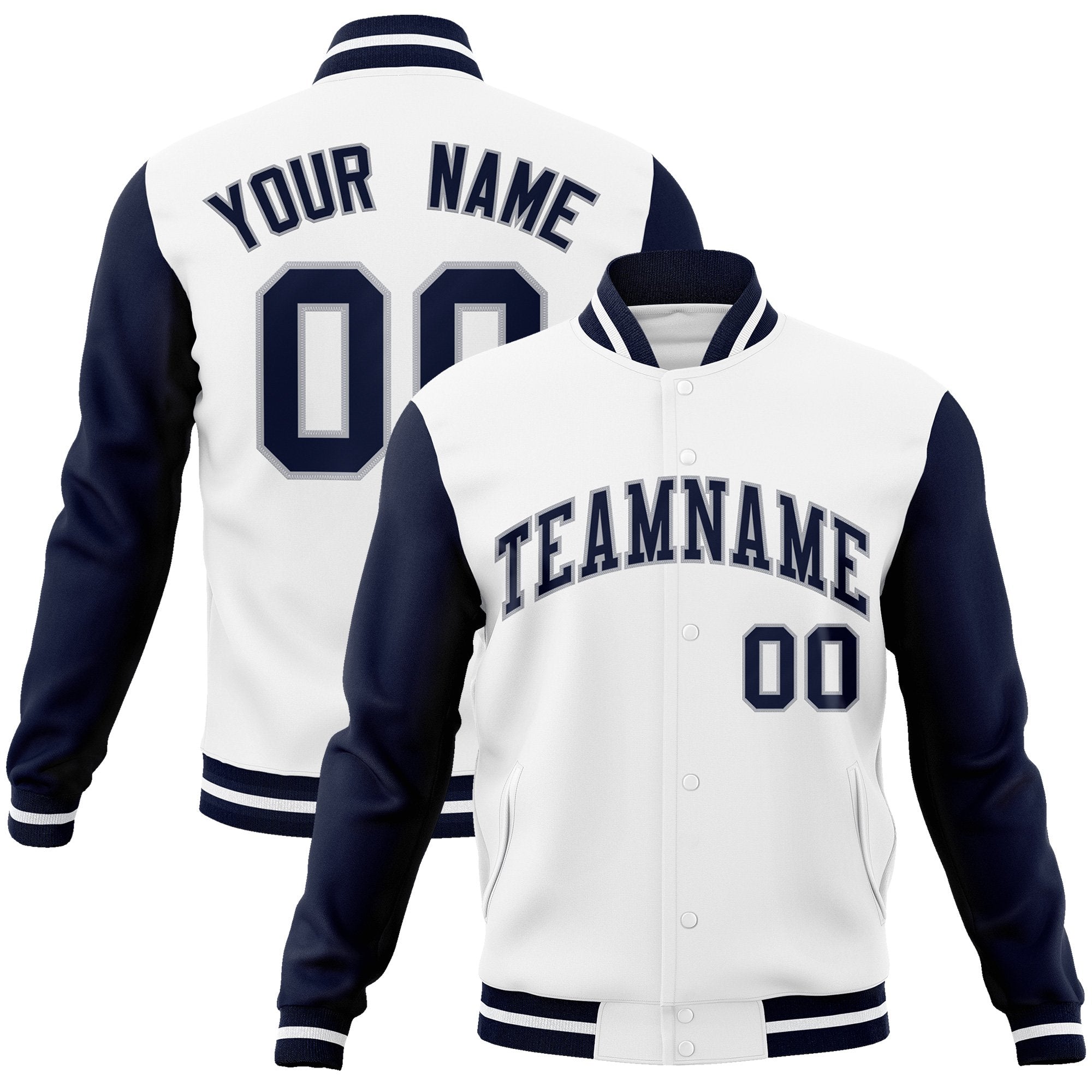 Custom White Navy-Gray Raglan Sleeves Varsity Full-Snap Letterman Jacket