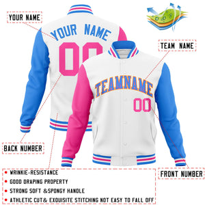 Veste Letterman Varsity Full-Snap à manches raglan bleu-rose poudre blanche personnalisée