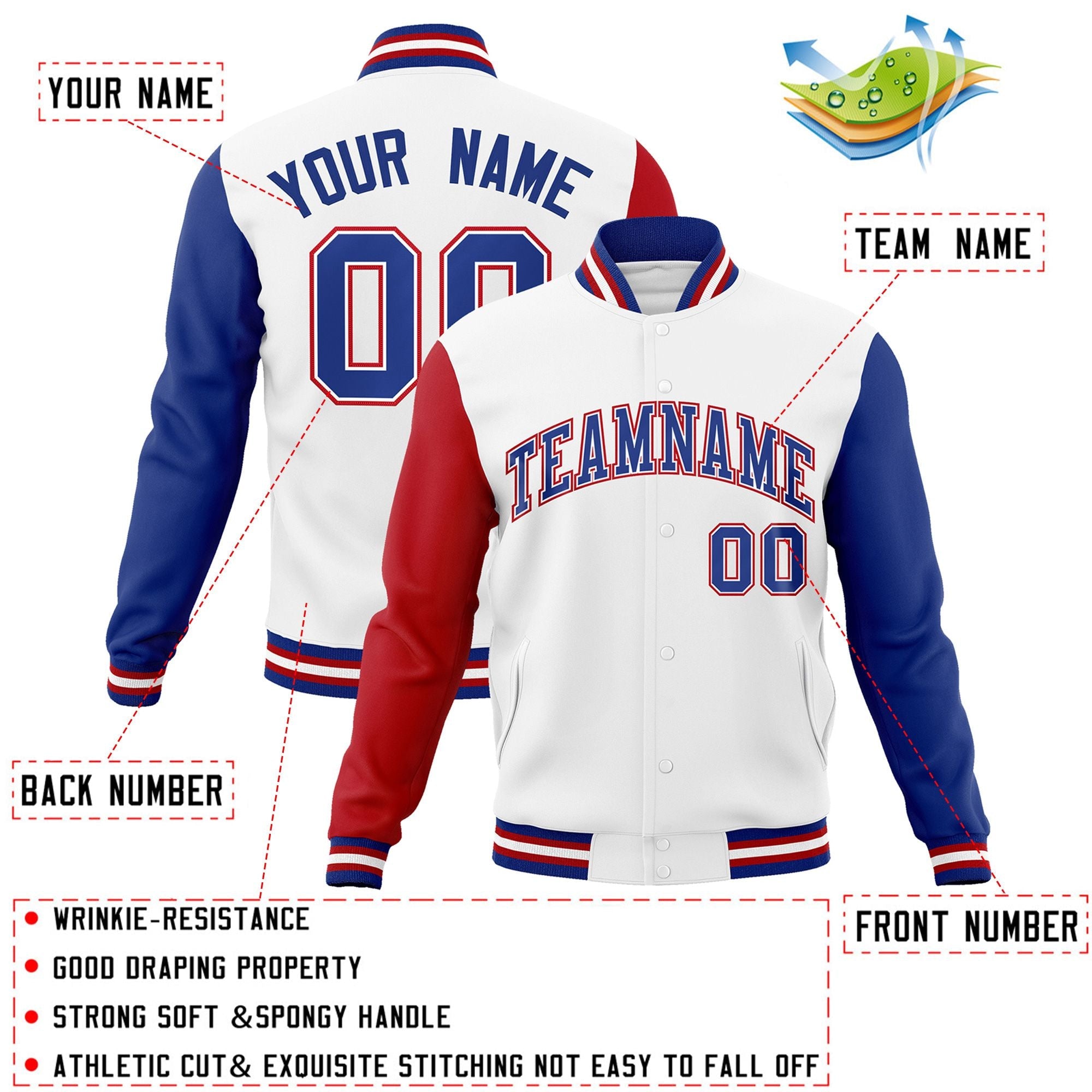 Custom White Royal-White Raglan Sleeves Varsity Full-Snap Letterman Jacket