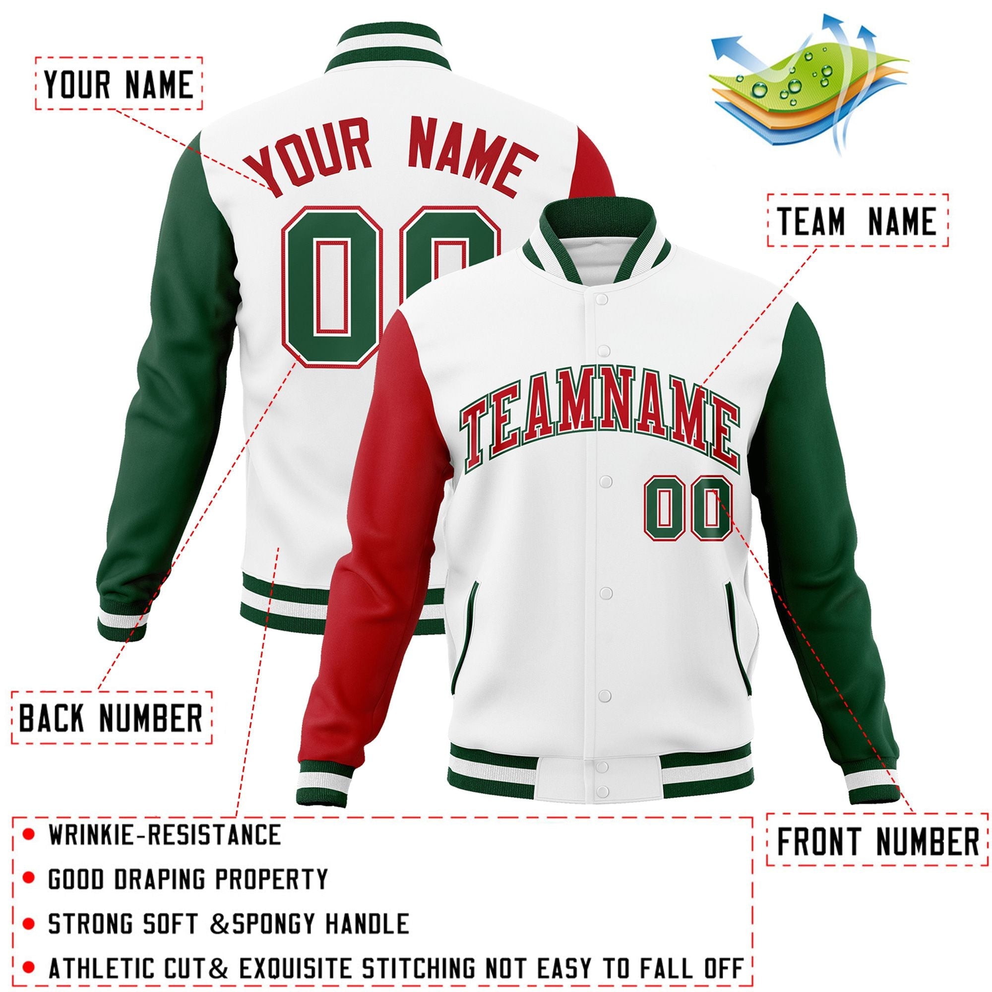 Custom White Red-White Raglan Sleeves Varsity Full-Snap Letterman Jacket