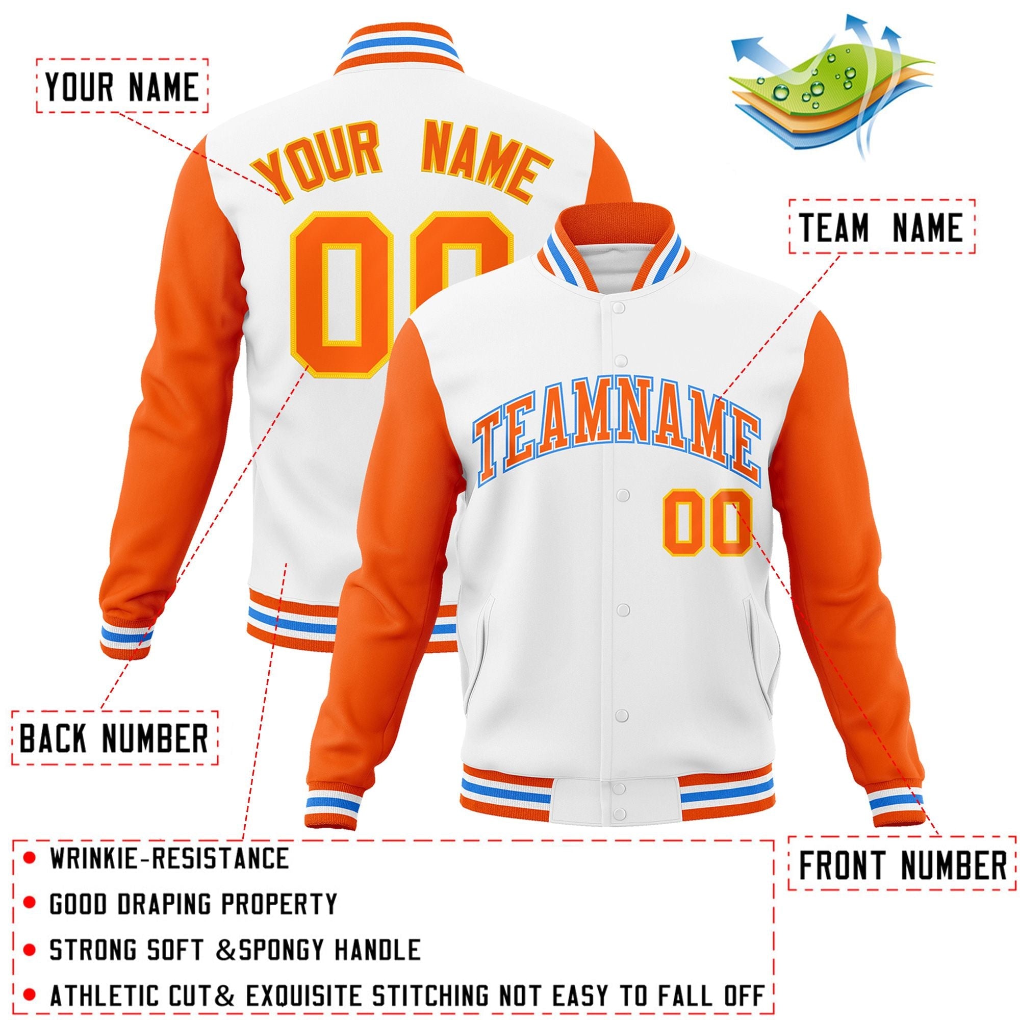 Veste Letterman Varsity Full-Snap à manches raglan blanc-orange-blanc personnalisée