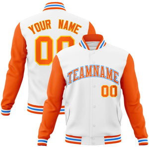 Custom White Orange-White Raglan Sleeves Varsity Full-Snap Letterman Jacket