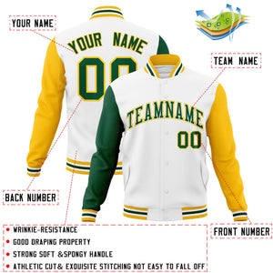 Custom White Green-White Raglan Sleeves Varsity Full-Snap Letterman Jacket