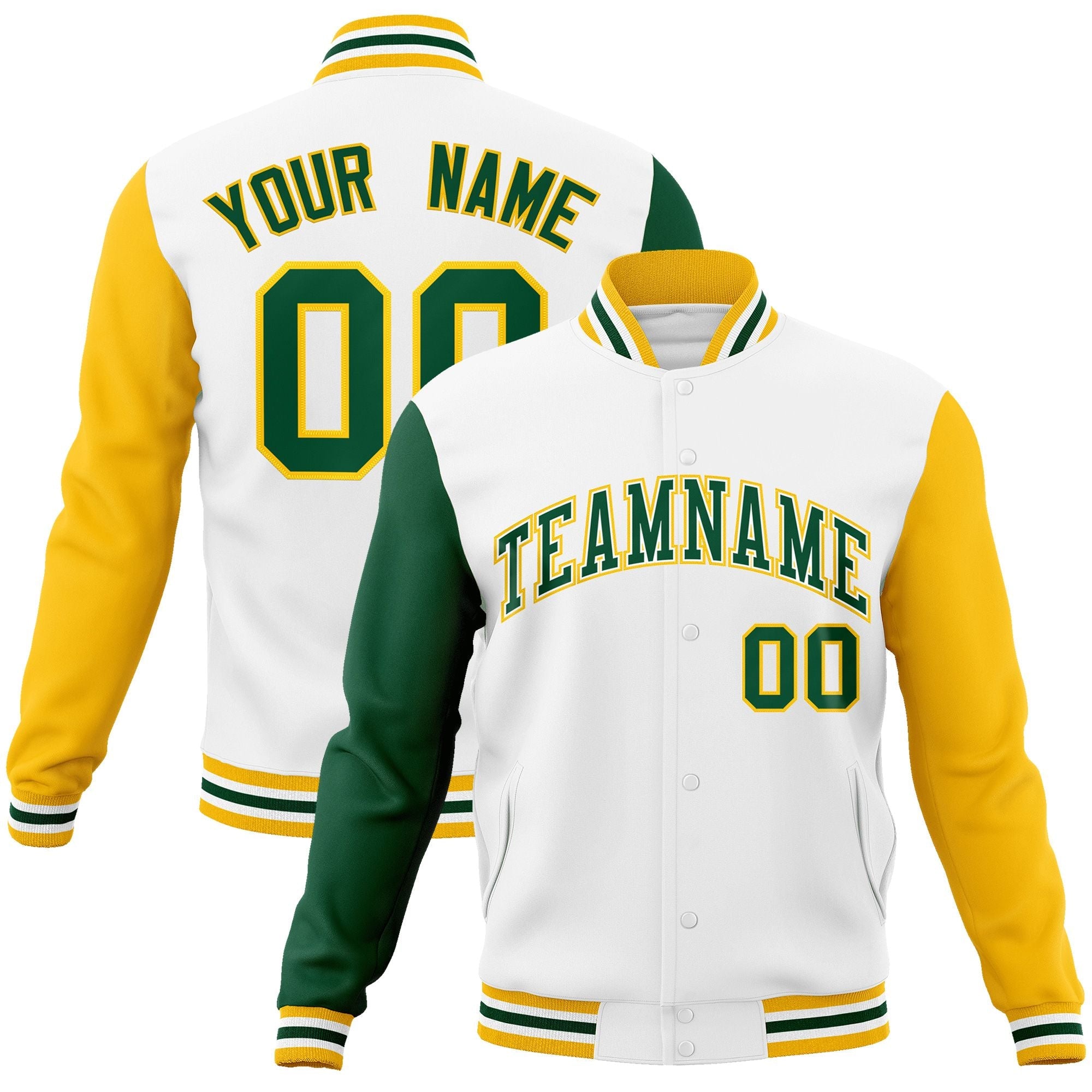 Custom White Green-White Raglan Sleeves Varsity Full-Snap Letterman Jacket