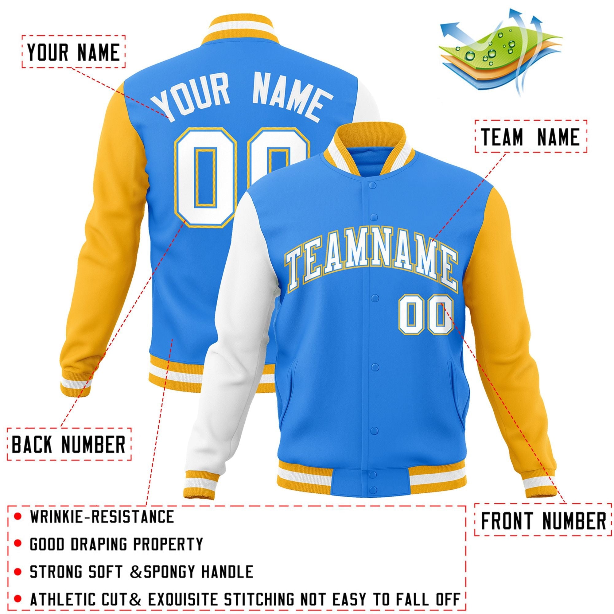 Custom Powder Blue White-Powder Blue Raglan Sleeves Varsity Full-Snap Letterman Jacket