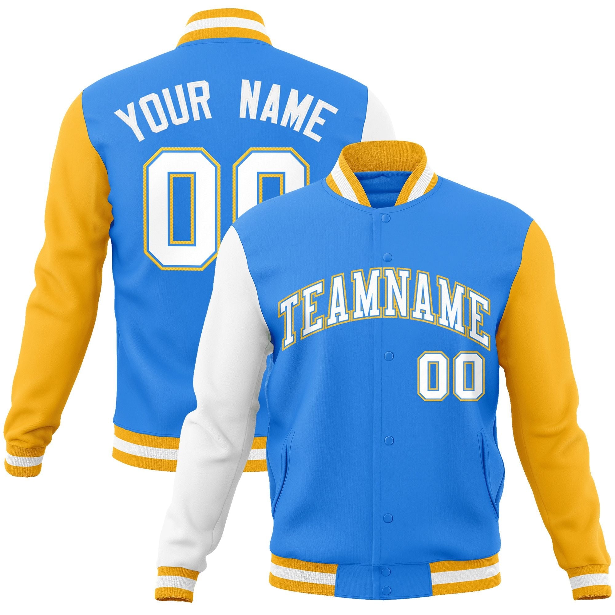 Custom Powder Blue White-Powder Blue Raglan Sleeves Varsity Full-Snap Letterman Jacket