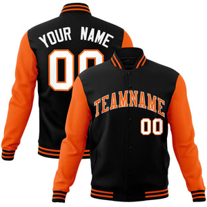 Custom Black Orange-White Raglan Sleeves Varsity Full-Snap Letterman Jacket