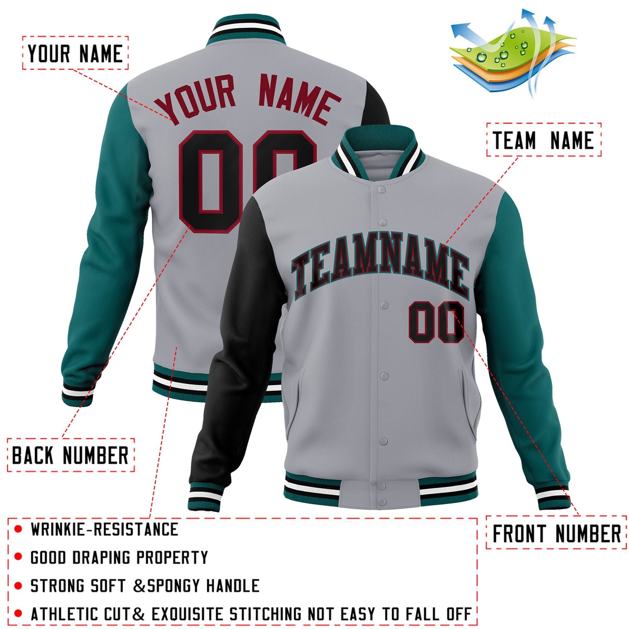 Custom Gray Black-Crimson Raglan Sleeves Varsity Full-Snap Letterman Jacket