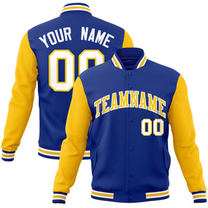 Veste Letterman Varsity à manches raglan personnalisées Royal Gold-White