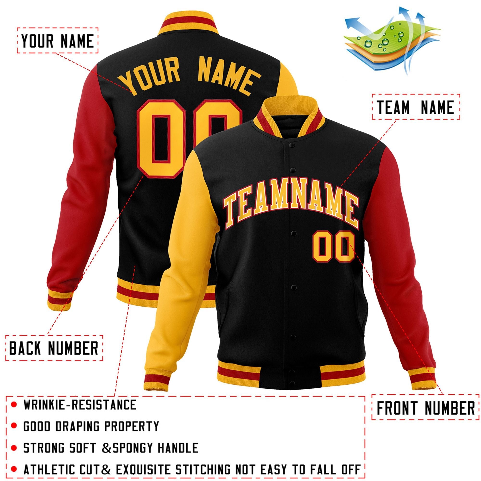 Custom Black Gold-White Raglan Sleeves Varsity Full-Snap Letterman Jacket