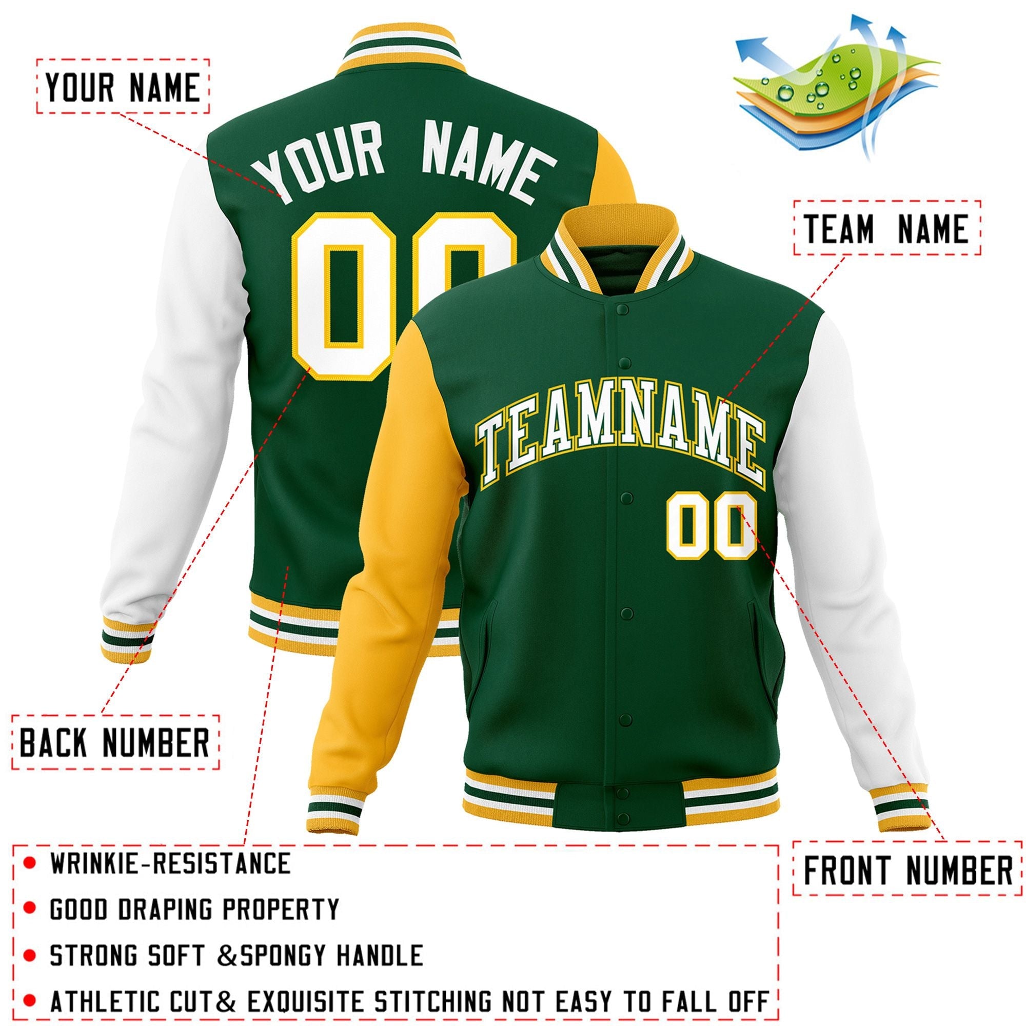 Veste Letterman Varsity Full-Snap à manches raglan personnalisées vert blanc-vert