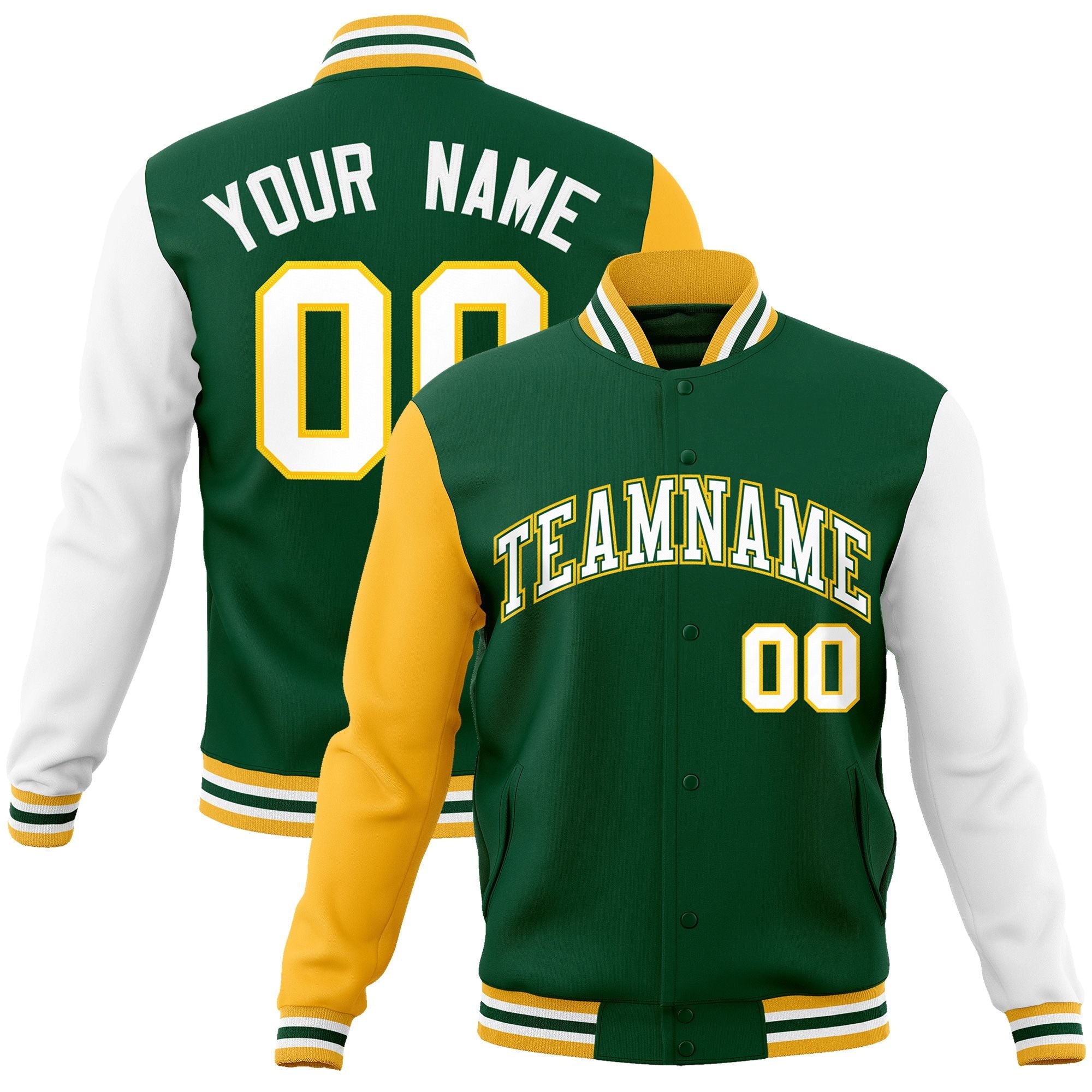 Custom Green White-Green Raglan Sleeves Varsity Full-Snap Letterman Jacket