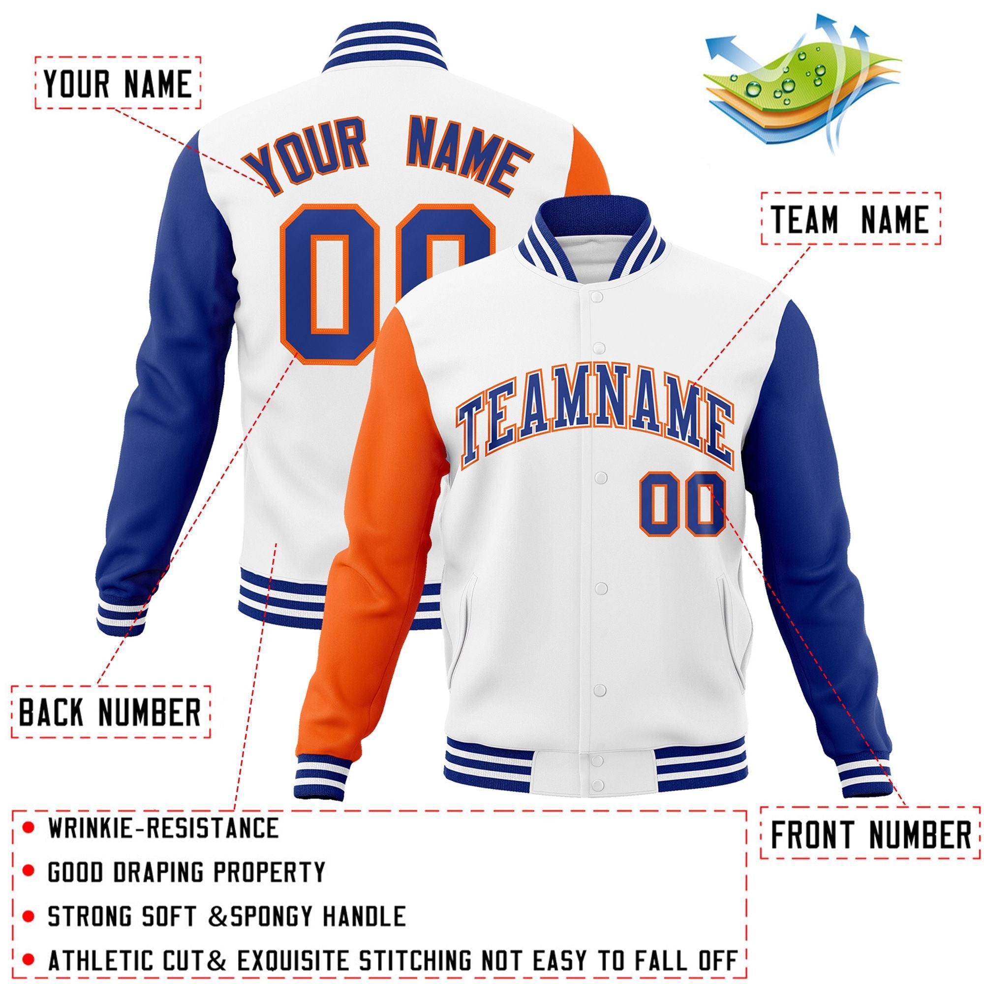 Custom White Royal-White Raglan Sleeves Varsity Full-Snap Letterman Jacket