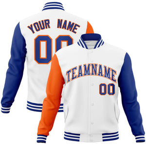 Custom White Royal-White Raglan Sleeves Varsity Full-Snap Letterman Jacket