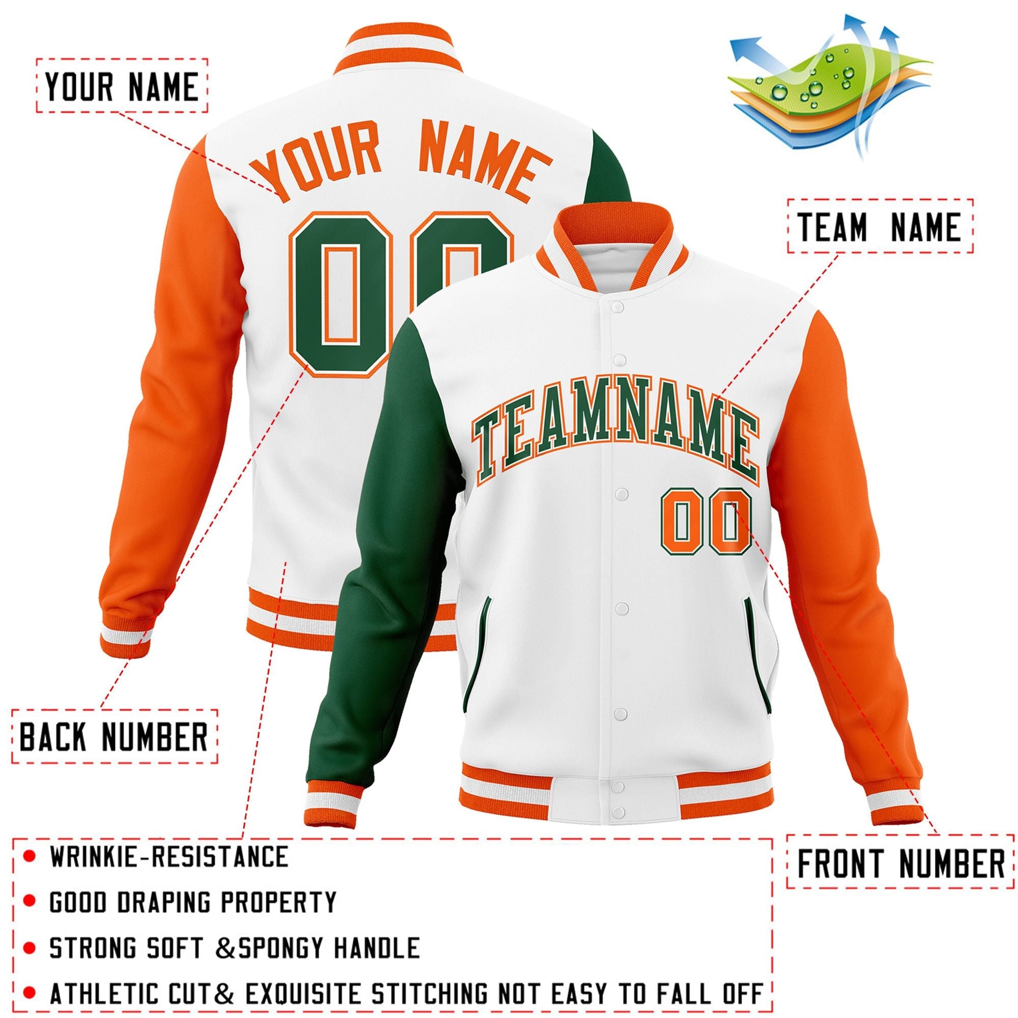 Custom White Green-White Raglan Sleeves Varsity Full-Snap Letterman Jacket