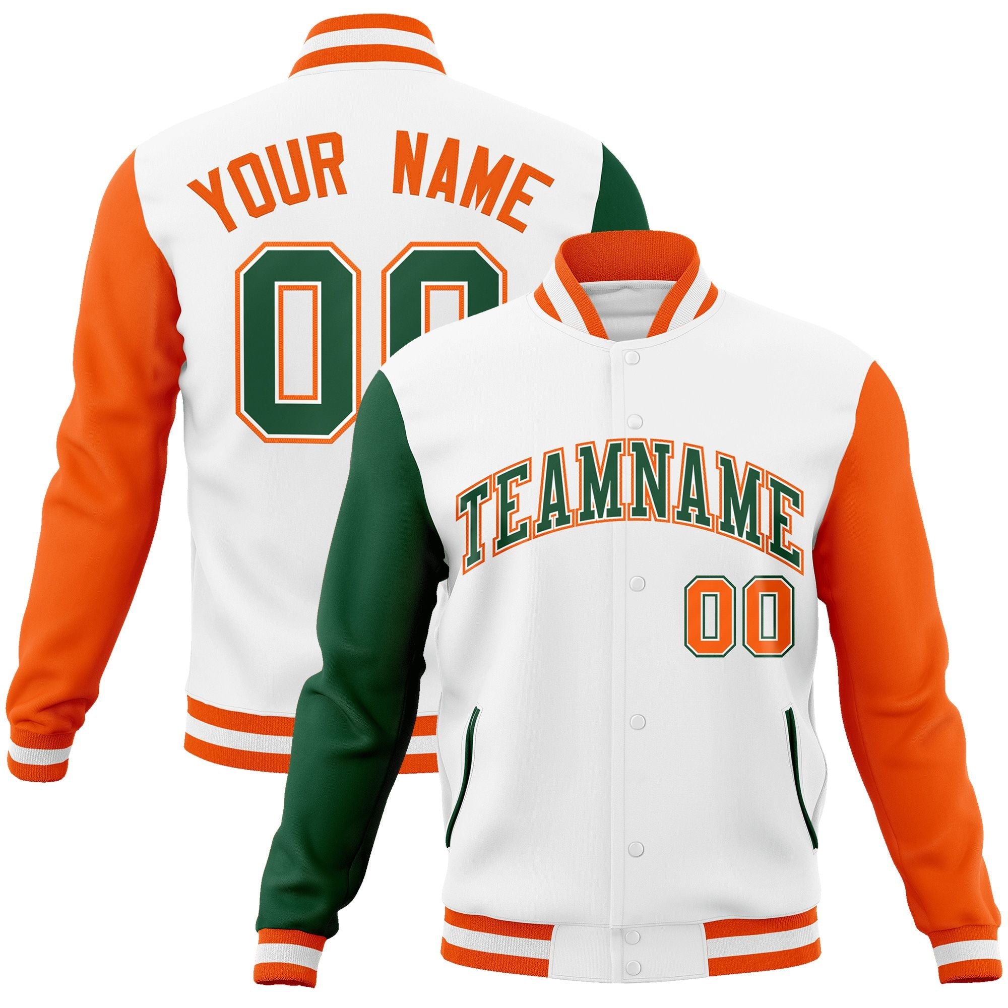 Custom White Green-White Raglan Sleeves Varsity Full-Snap Letterman Jacket