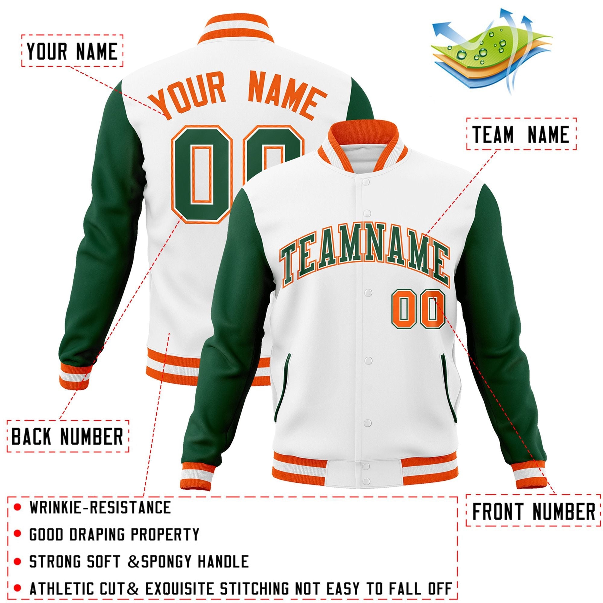 Custom White Green-White Raglan Sleeves Varsity Full-Snap Letterman Jacket